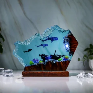 Whale Shark and Diver Epoxy Lamp – Ocean-Themed Resin Night Light with Wood Base