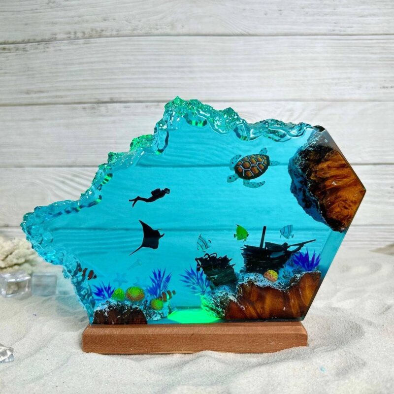 Resin night light featuring Ray the turtle and scuba diver, enchanting decor