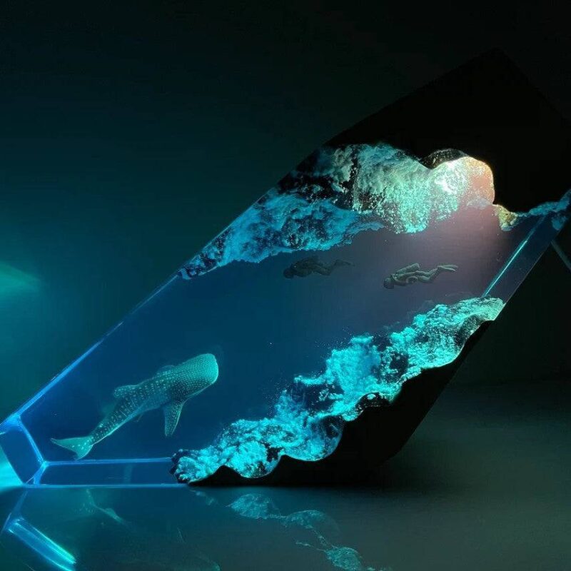 Whale shark night light illuminating blue ocean decor