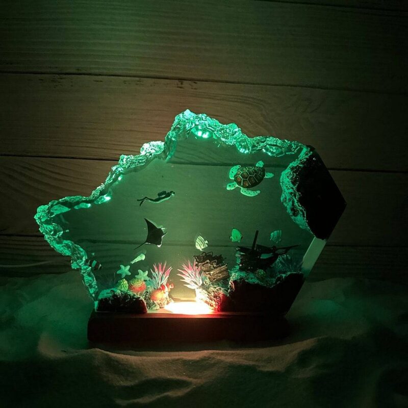 Resin night light featuring Ray, turtle, and scuba diver design for enchanting decor
