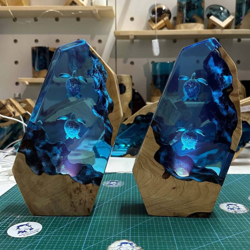 Ocean turtles epoxy resin night light illuminating a room