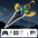 Flying Sword Jet Remote Control toy in action, featuring bright colors and sleek design
