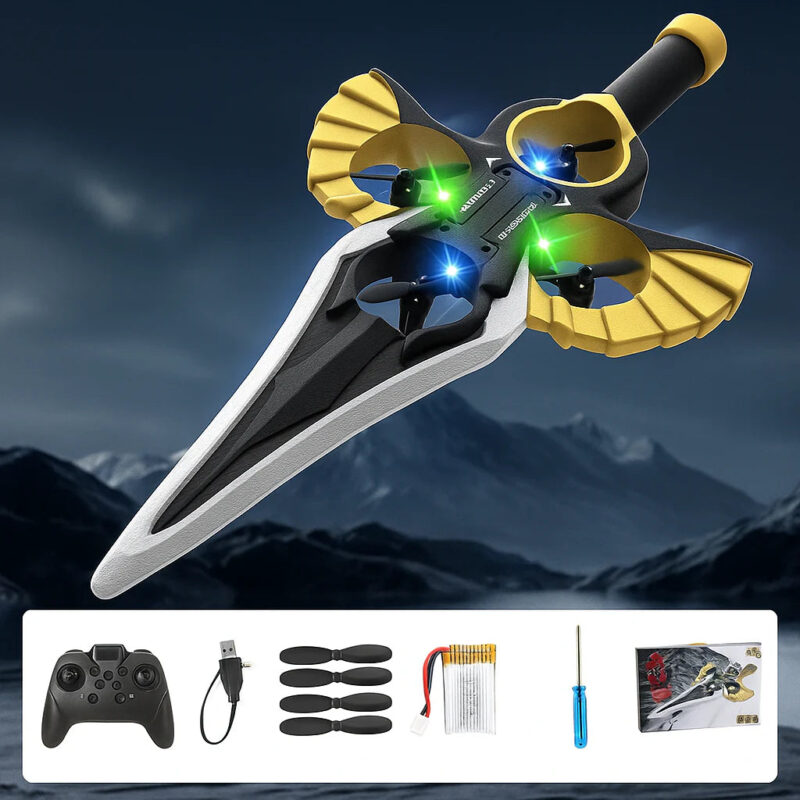 Flying Sword Jet Remote Control toy in action, featuring bright colors and sleek design